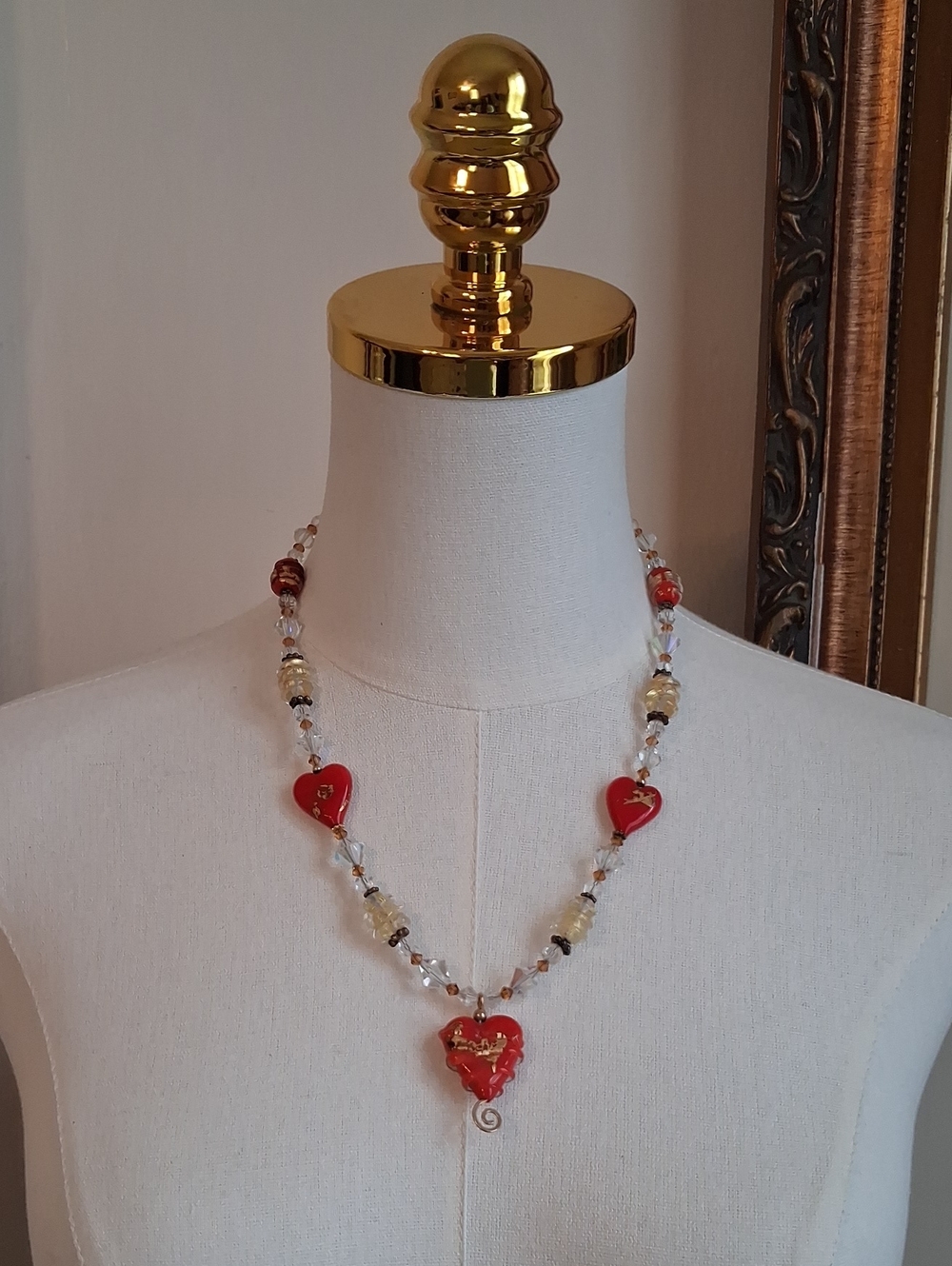 Handcrafted Red Heart Beaded Necklace Glass Crystal Romantic Cottagecore OS